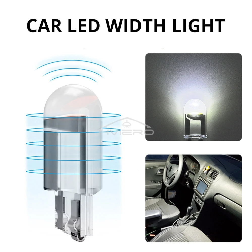 10Pcs Glass Cob LED Car Bulbs W5W 194 T10 Wedge License Plate Lamp Dome Light White Auto Interior Reading Running Parking Backup