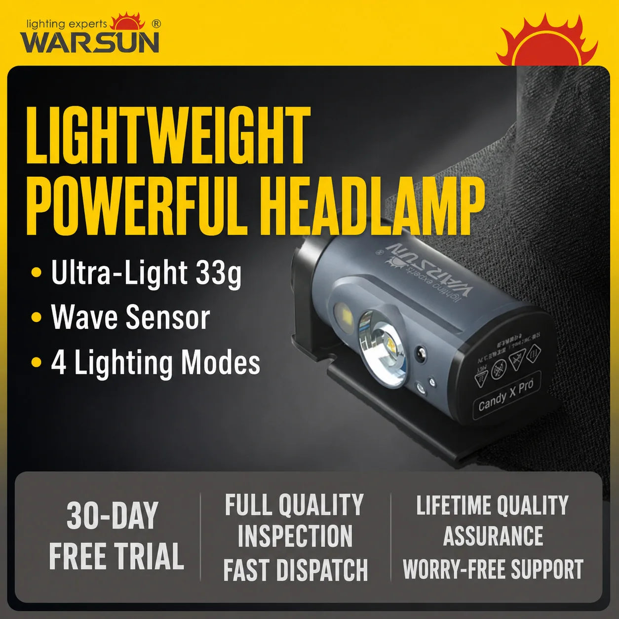 WARSUN Candy X Rechargeable Night Fishing Headlamp, Ultra-Bright Motion Sensor LED Headlight with Cap Clip and Headband