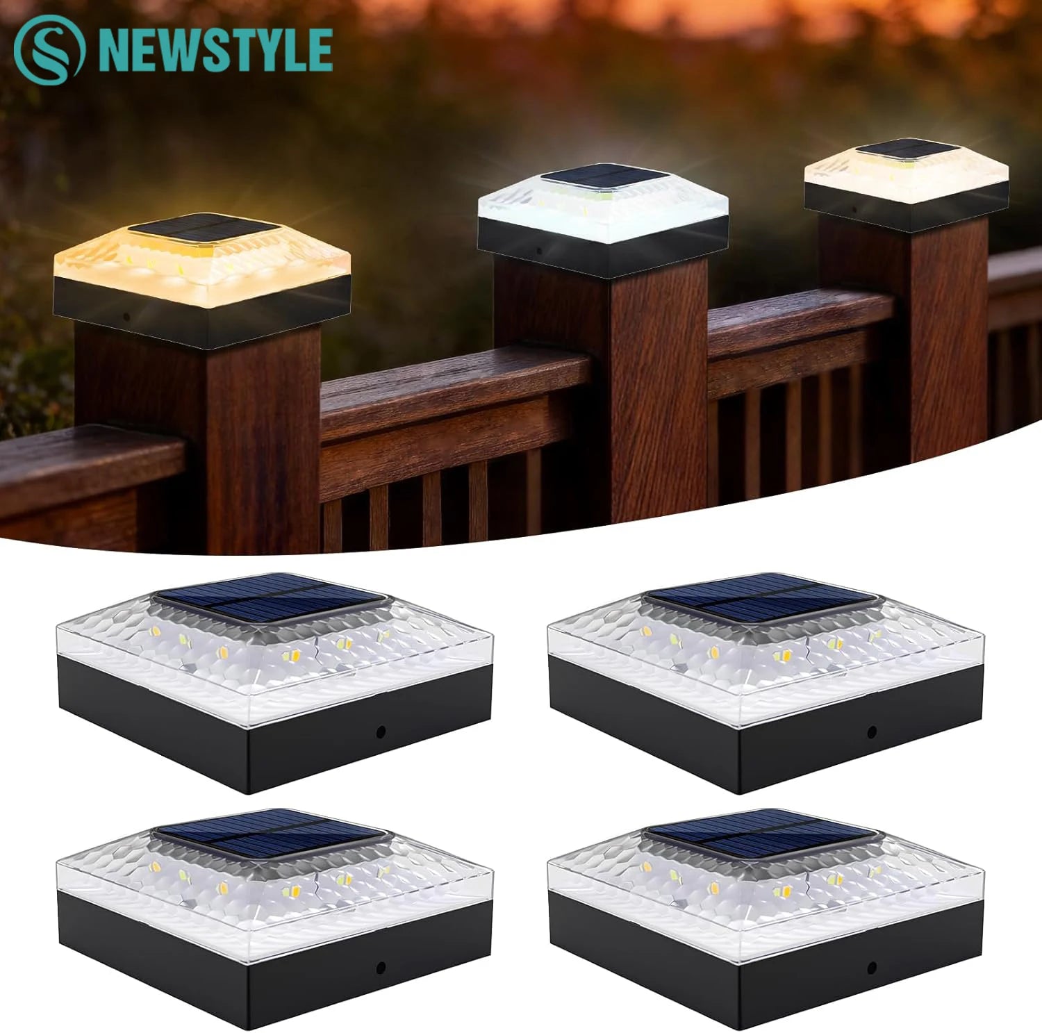 1/4PCS Solar Post Cap Lights Outdoor IP65 Waterproof 3 Color Modes Fence Topper Light For 4x4 Vinyl Wood Post Lighting