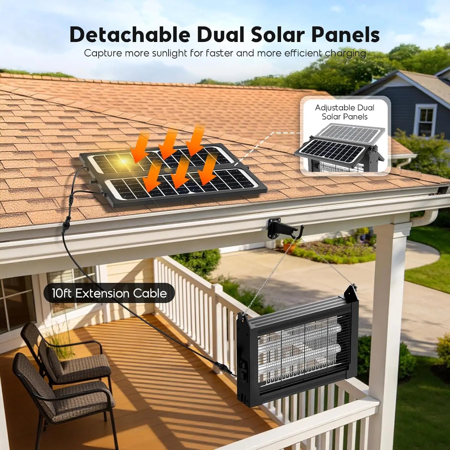 Solar Bug Zapper Outdoor, 4500V Electric Mosquito Zapper with Dual Solar Panels & USB Charging, IPX5 Waterproof Fly Trap