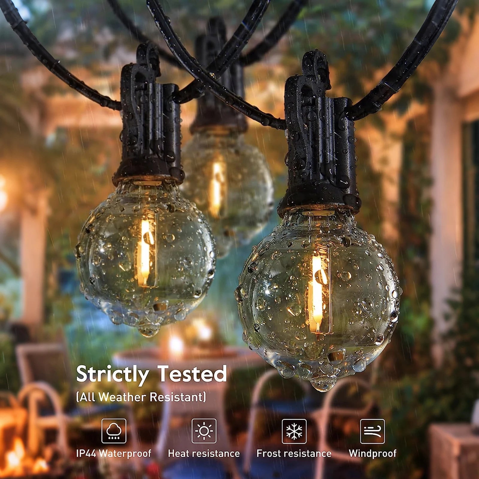 100FT G40 High Voltage String Lights, 50 Warm White 2700K Bulbs, E12 Base, Black Wire with Hooks & Replaceable Wire