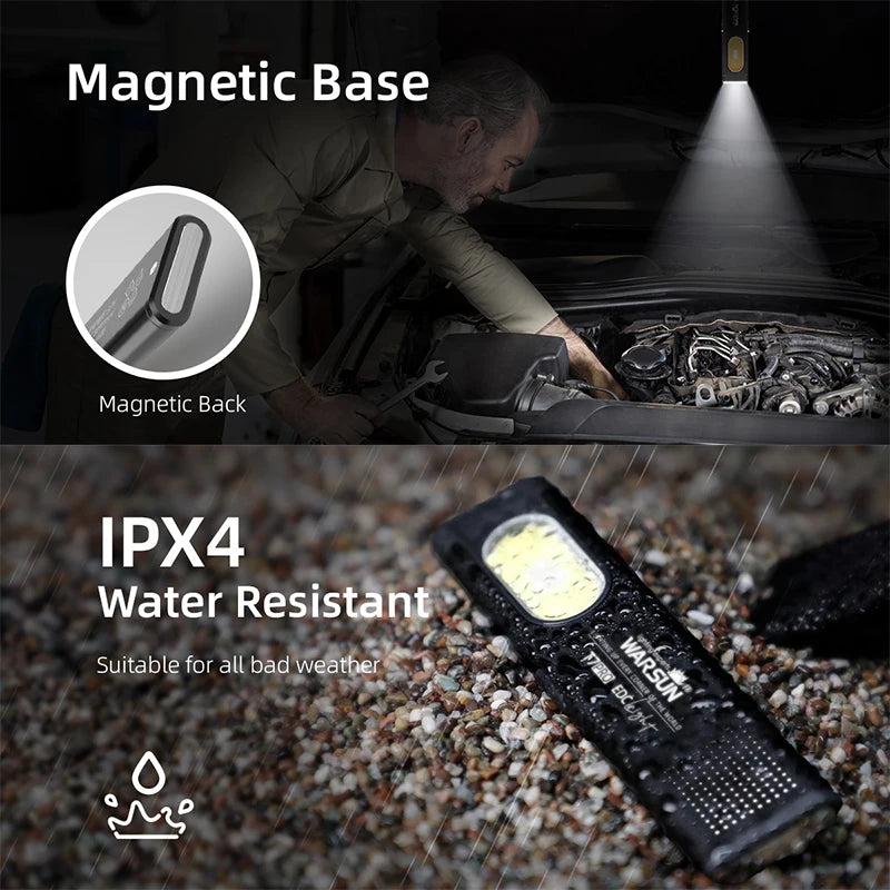 WARSUN T7 LED Torch Portable Mini Flashlight 800LM Rechargeable Pocket Light Magnetic Base Clip Work Light Hiking Fishing EDC