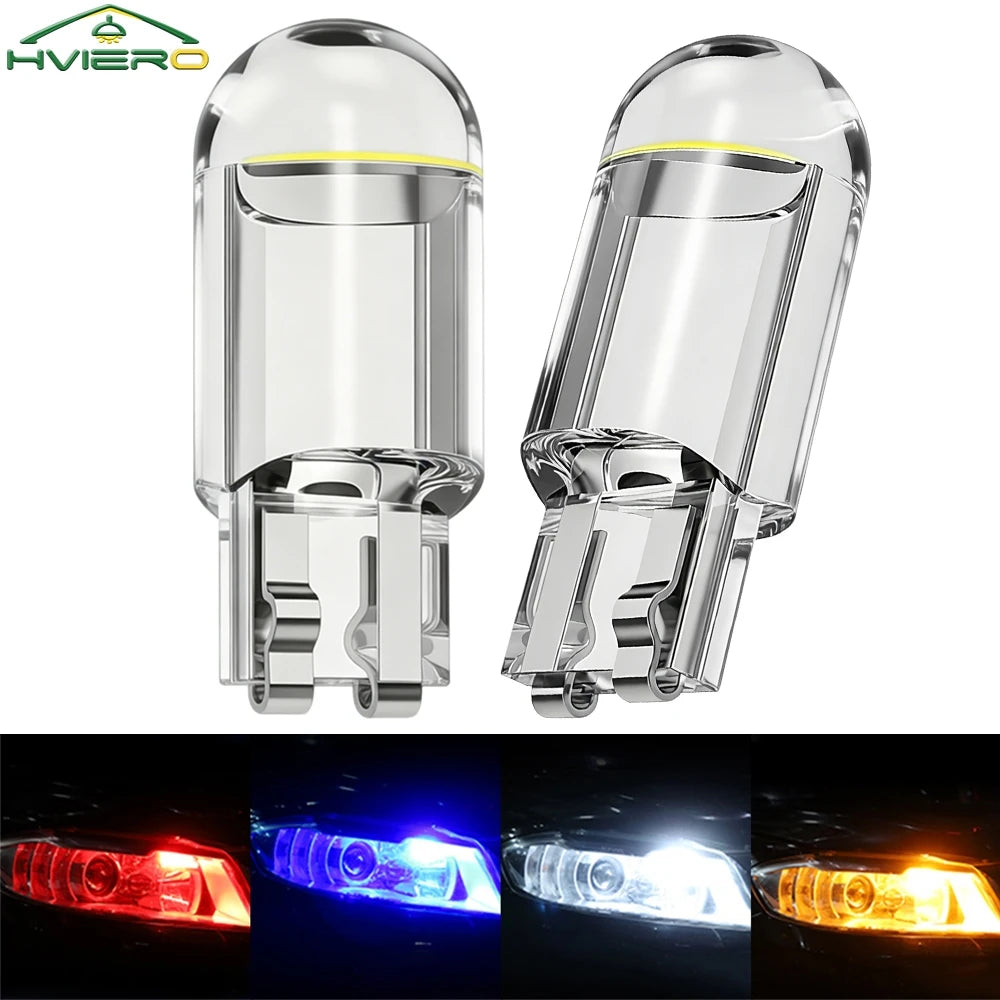 10Pcs Glass Cob LED Car Bulbs W5W 194 T10 Wedge License Plate Lamp Dome Light White Auto Interior Reading Running Parking Backup