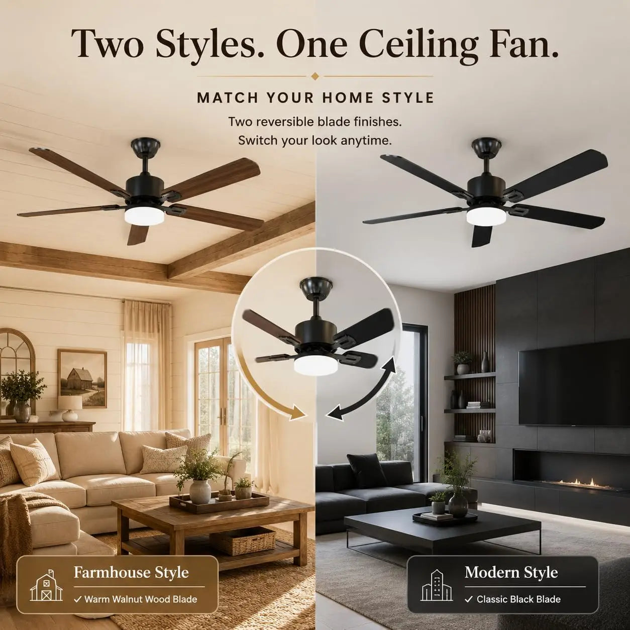 42 Inch Ceiling Fans with Lights and Remote Control, Black Dual-Sided Blades, 6 Fan Speed, Dimmable 3 LED Light, Timer, Low Profile, Reversible Motor, DC Motor, for Bedroom Living Room