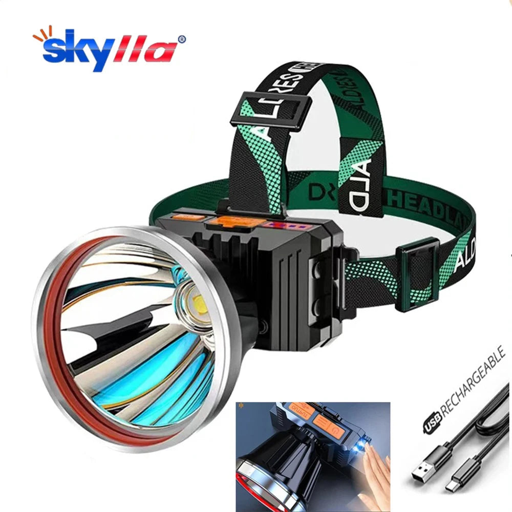 Super Bright Headlight Powerful LED Headlamp USB Rechargeable Strong Light Head Flashlight Wave Sensor Lamp For Fishing Outdoor