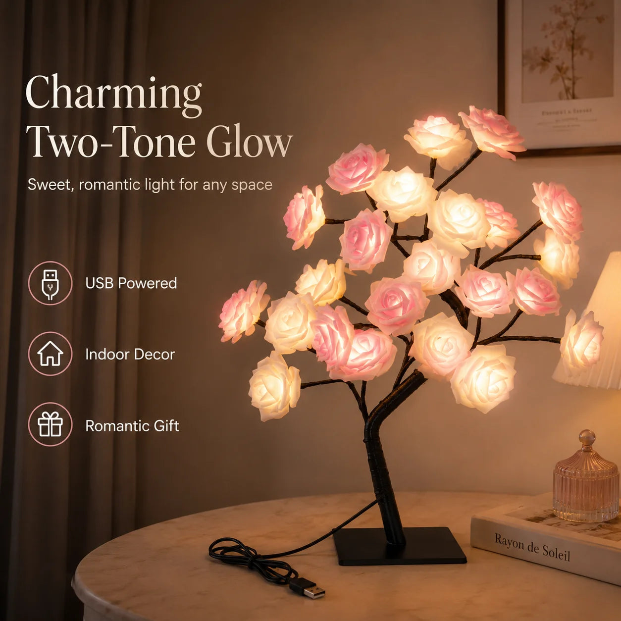 LED Rose Tree Lamp, USB Powered Artificial Flower Night Light Romantic Rose Blossom Design with colorful LED Glow, Perfect for Bedroom, Desk, Living Room and Special Occasions.