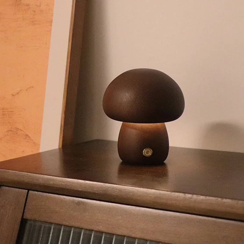Mushroom LED Night Light Dimmable Wooden Bedroom Bedside Table Lamp with Touch Switch Room Decoration Lighting Chargeable
