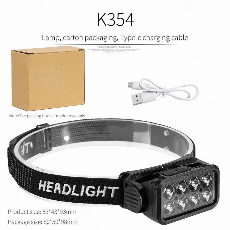 USB Rechargeable Headlamp Portable LED Headlight Built in Battery Torch Portable Working Light Fishing Camping Head Light
