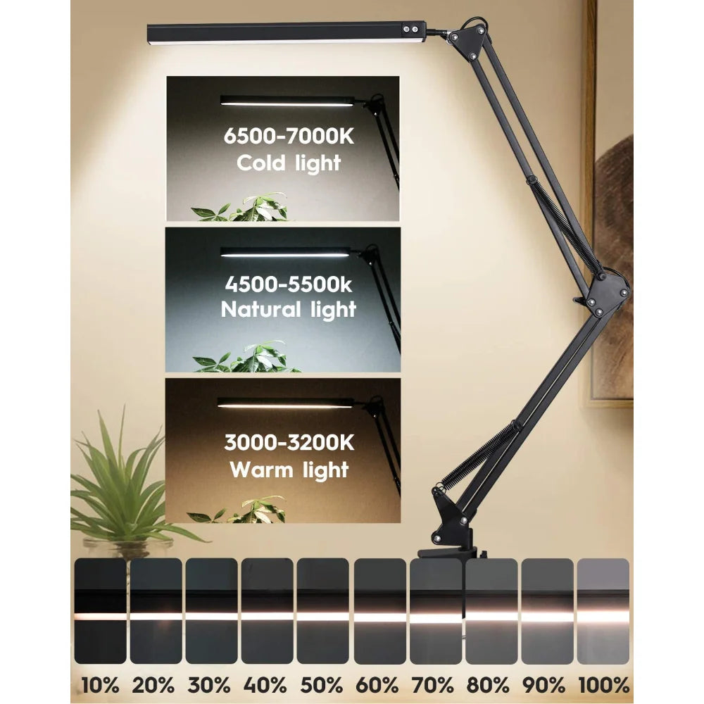 10W LED Desk Lamp with Clamp Adjustable Swing Arm Dimmable Table Light 3 Color Modes 10 Brightness Levels Eye-Caring USB Reading