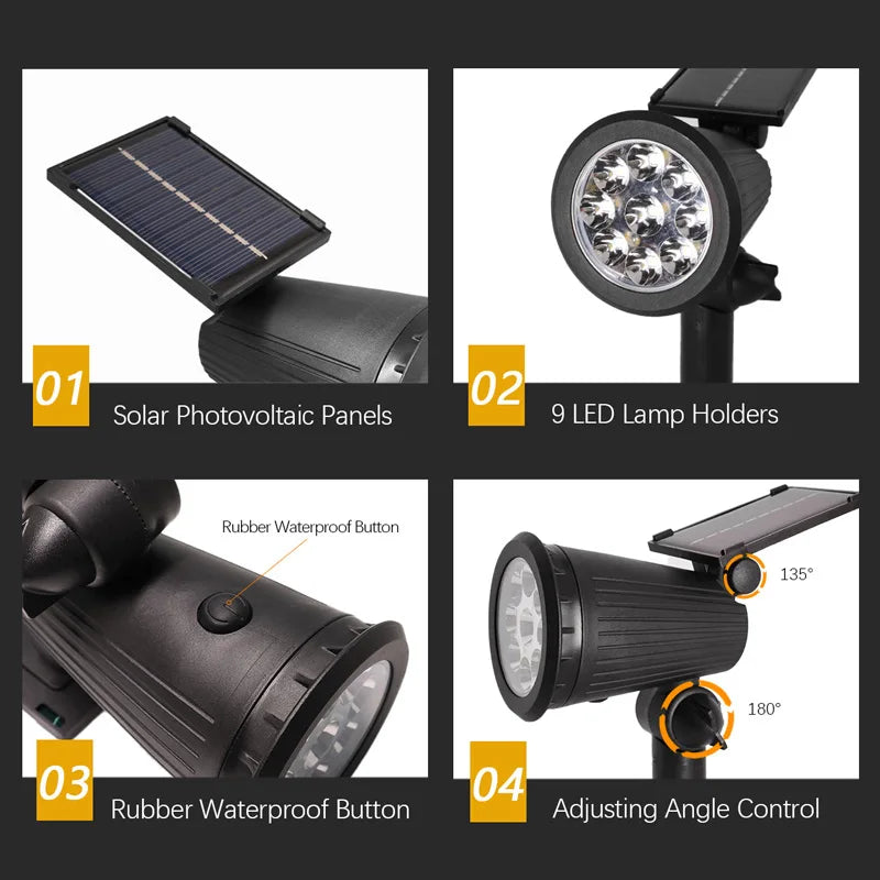 9 LED Solar Spotlights – IP65 Waterproof Outdoor RGB Solar Landscape Lights with Adjustable Brightness for Garden, Yard & Palm