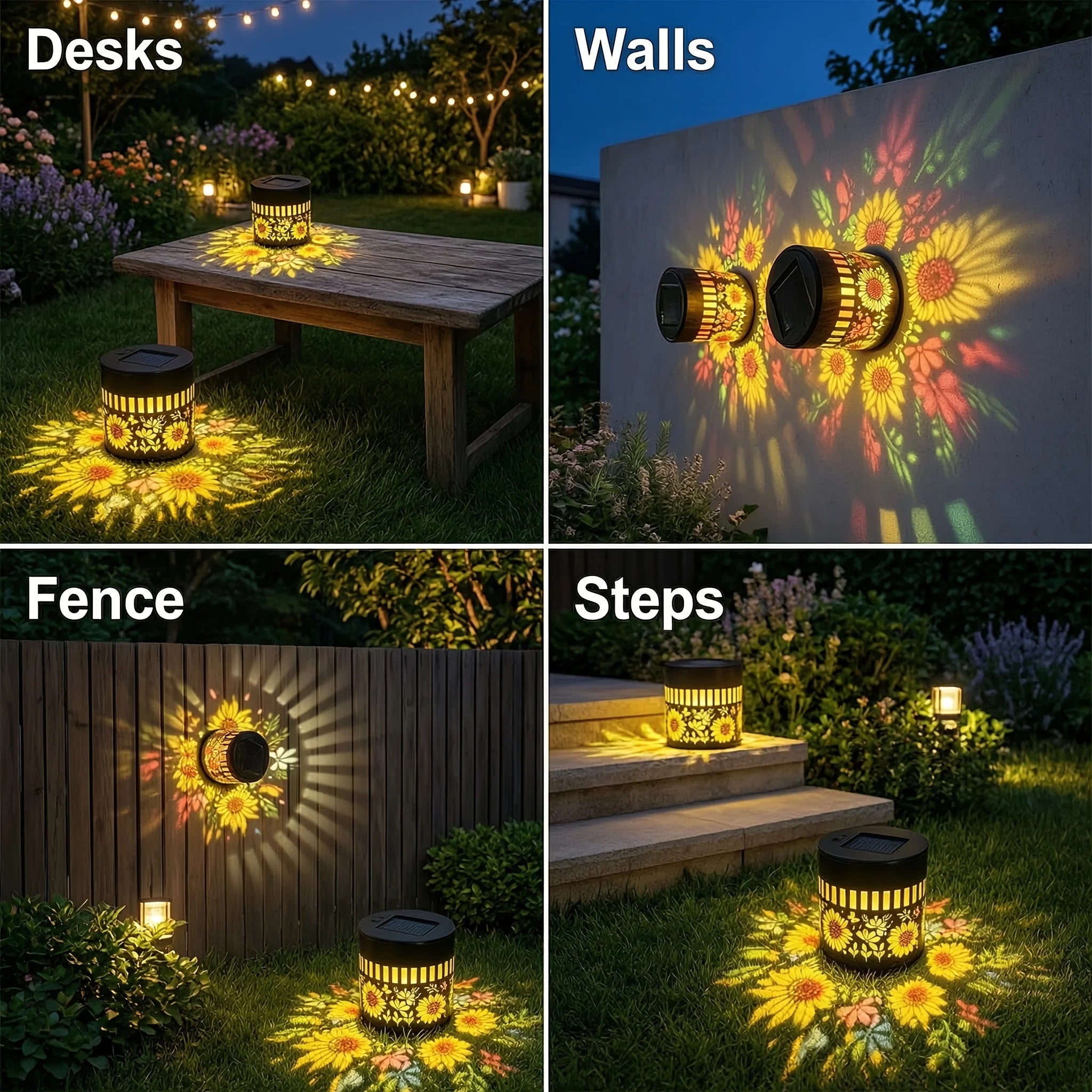 2 Pack Solar Fence Lights, Metal Solar Outdoor Deck/Step Wall Lights, Christmas Decorative Lights, Painted Sunflower Lanterns, Suitable for Garden Columns, Patios, Backyards And Courtyards, Fairy Tale Garden Decorative Light