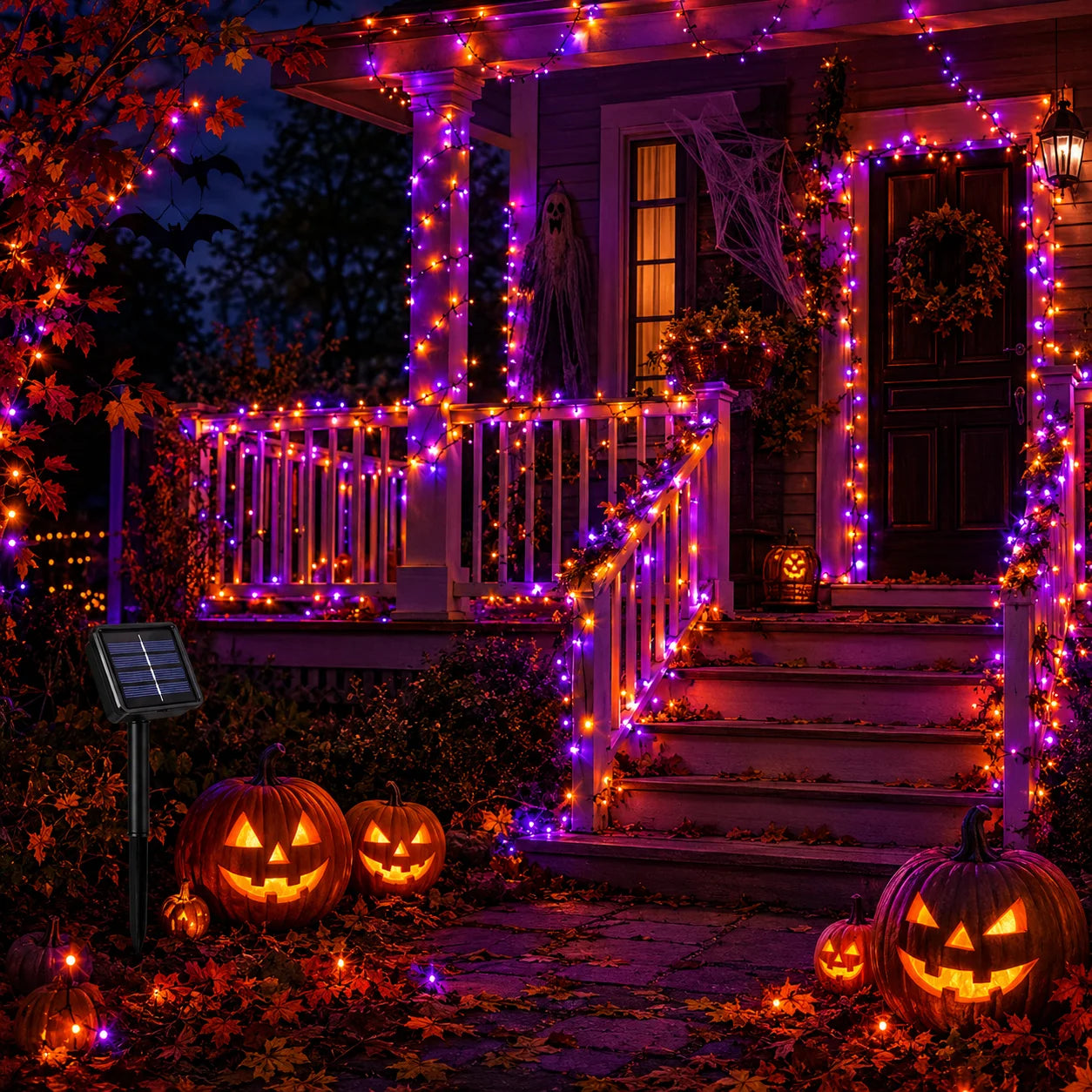 2 Pack Halloween Solar Powered String Lights Outdoor, 72FT 200 LED Solar Powered Decor with 8 Modes of Lighting, Purple and Orange Glow, IP65 Waterproof Design for Outdoor Garden Decor.