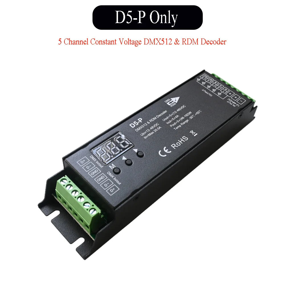 5 Channel DMX Decoder with RDM Digital Display DMX512 Dimmer Driver PWM Single Color RGBW RGB+CCT LED Controller Alum 12V-48VDC