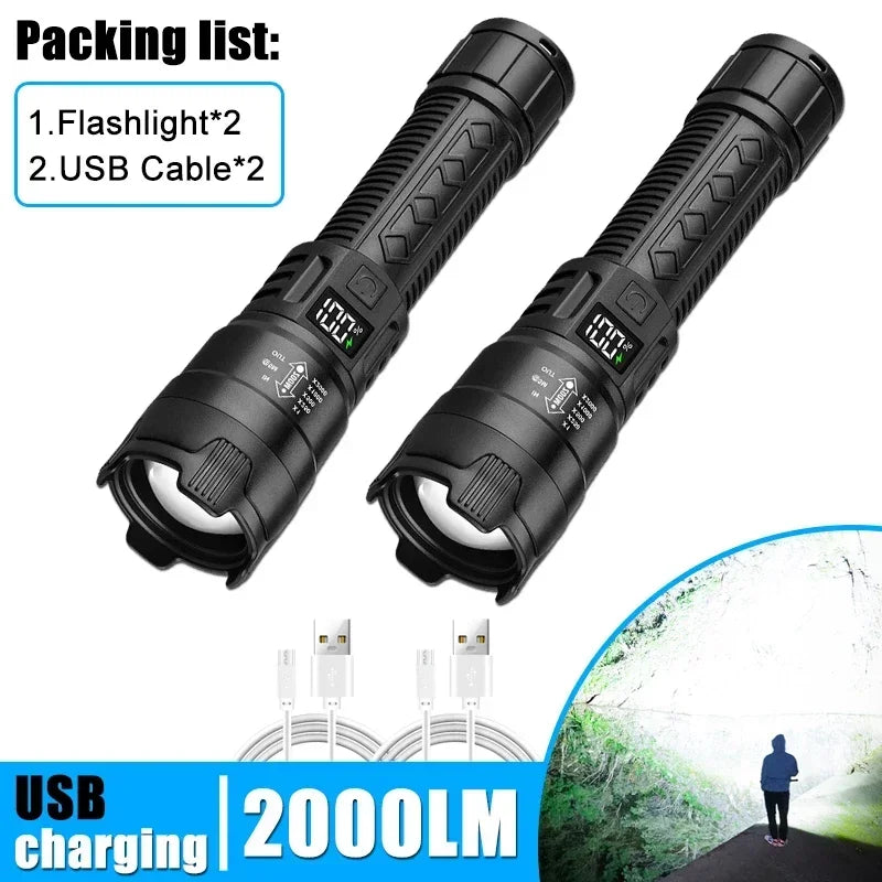 Powerful Led Strong Light Flashlights USB Rechargeable Tactical Zoom Torch  with Built-in Battery Camping Hunting Lantern