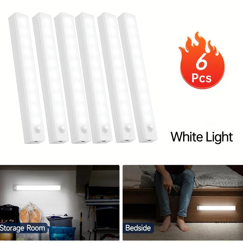 6pc Wireless Rechargeable LED Motion Sensor Cabinet Light - Ideal for Closet, Kitchen, Wardrobe, Stairs - Battery Operated Night