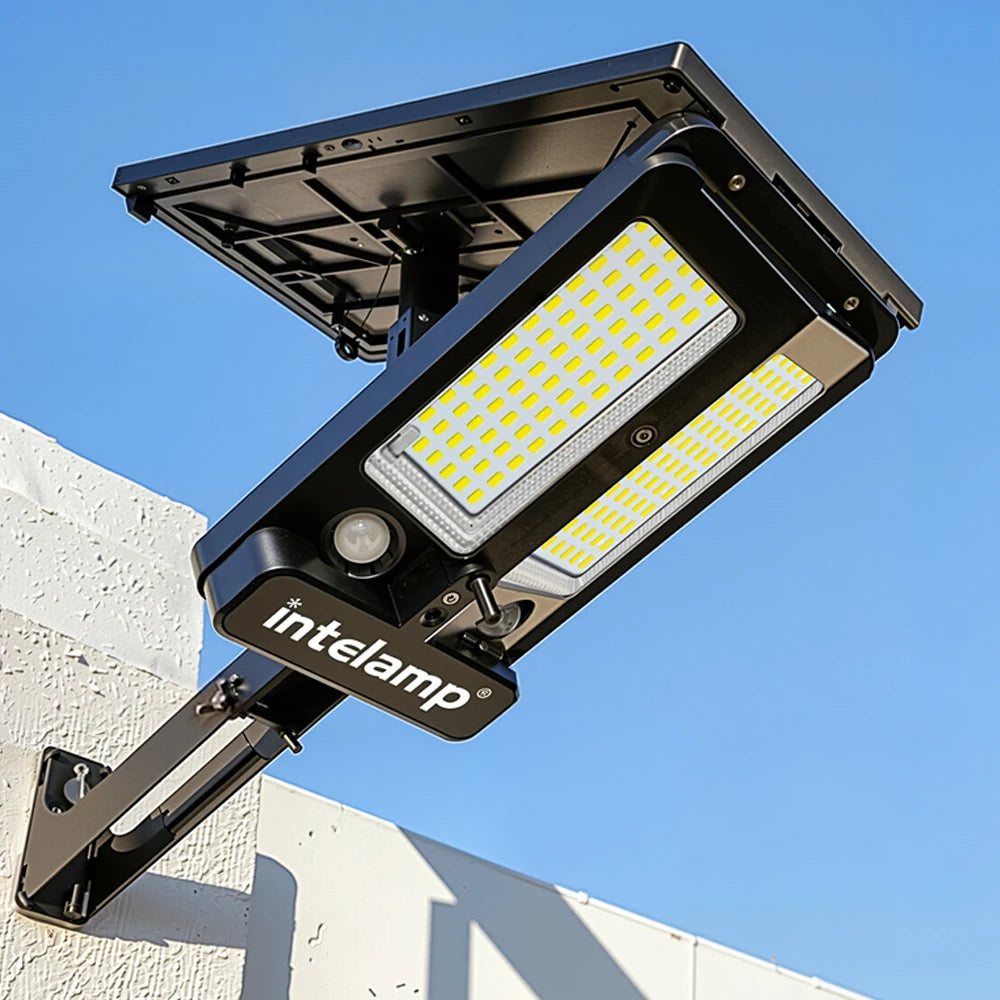 Intelamp Long Battery Life 12500Mah Super Bright Outdoor Solar Street Lights Larger Solar Panel Faster Charging Two Motion Sensors Detect Wider&Longer Range for Courtyard Walkway Garage Parking Lot