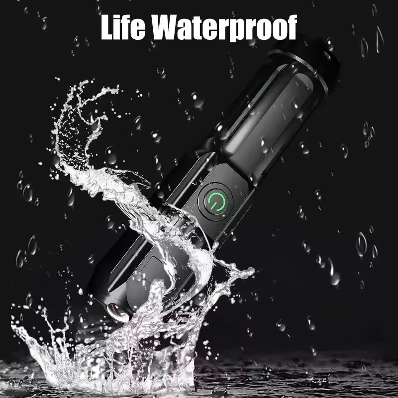 Telescopic Zoom Tactical Flashlights Rechargeable LED Torch 4 Lighting Modes Long-Range Waterproof Camping Fishing Flashlight