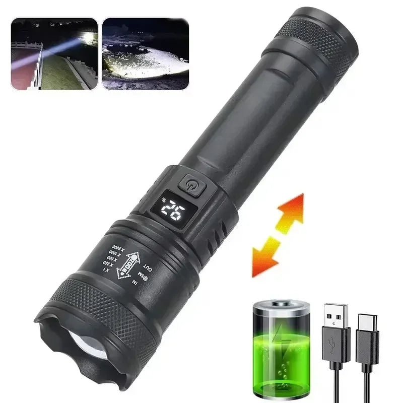 Powerful LED Flashlight with Battery Display USB Rechargeable Light Telescopic Zoom Torch Lamp Outdoor Camping Fishing Lantern