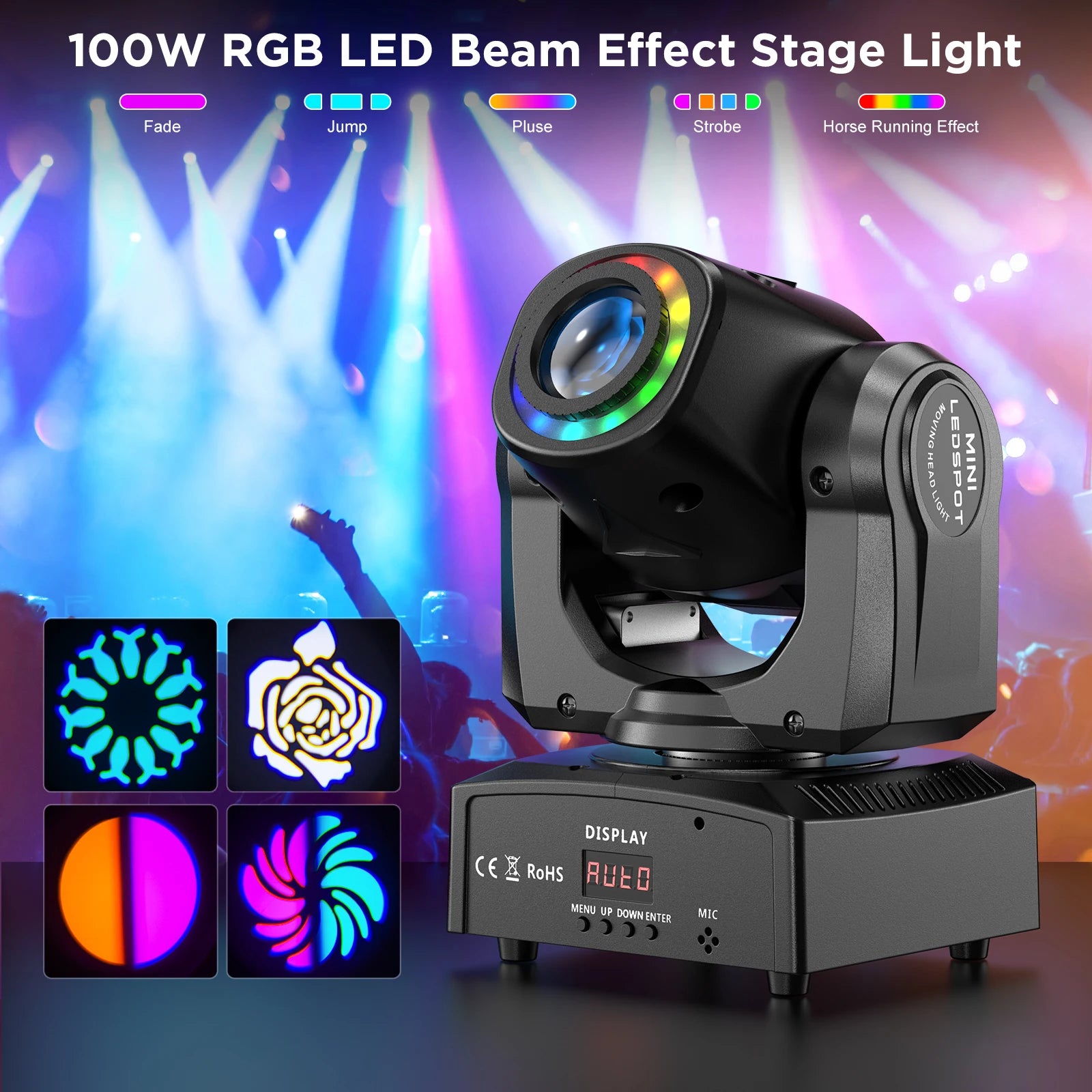 Yiflamefly 2Pcs 100W LED Beam Pattern Moving Head Stage Effect Lighting 8 patterns DMX512 9CH/11CH For DJ Show Concert Party