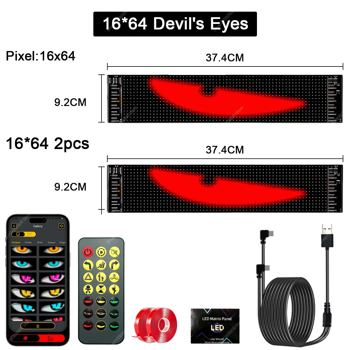 USB LED Devil Eye Dynamic Windshield Display for Cars Truck Animated Blinking Demon Eyes Front and Rear Windshield Dynamic Light