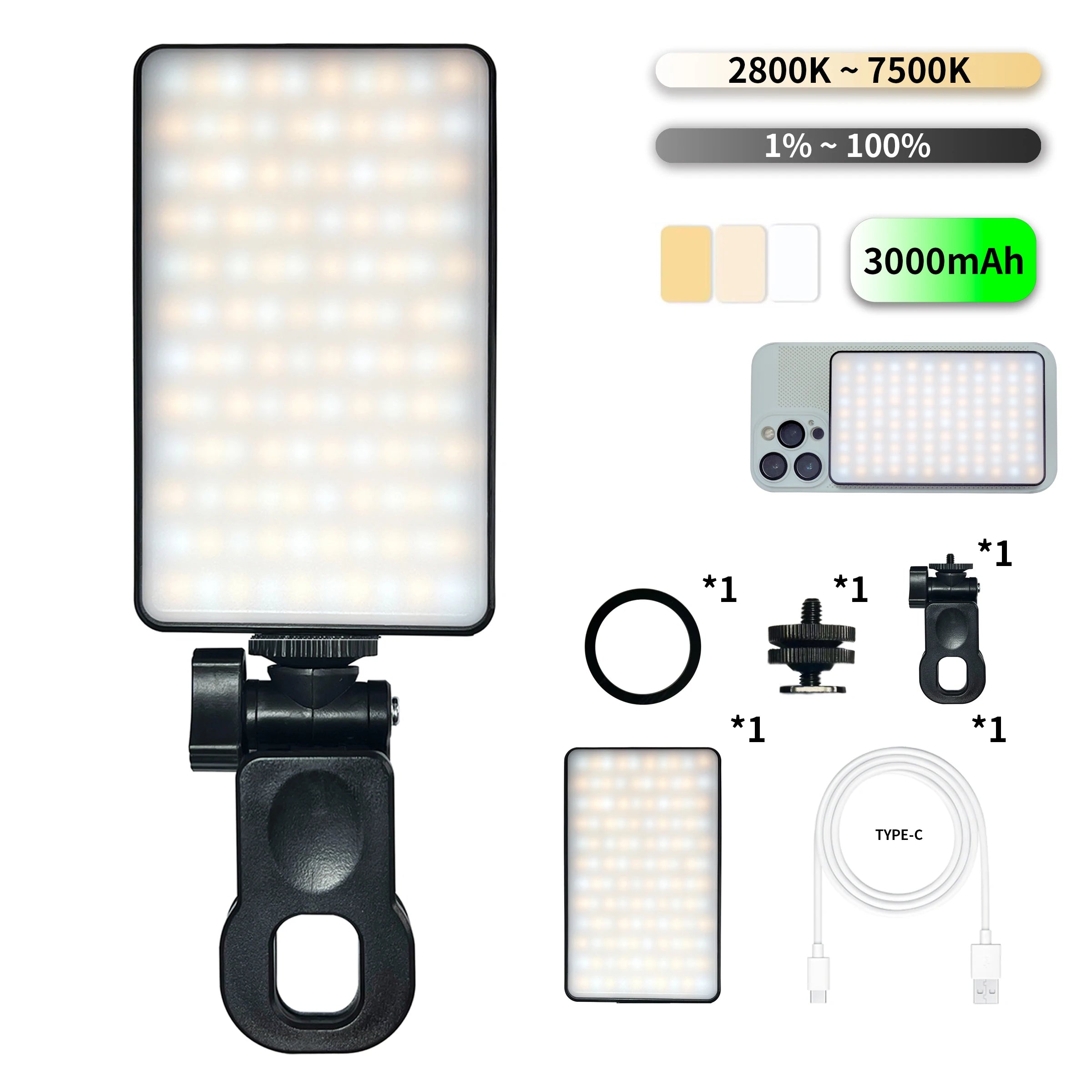 1pc Rechargeable Magnetic LED Selfie Light,3 Modes Dimmable Light,3000mAh,120LEDs,Clip-On for Phone/ Laptop/ PC,Makeup,Video