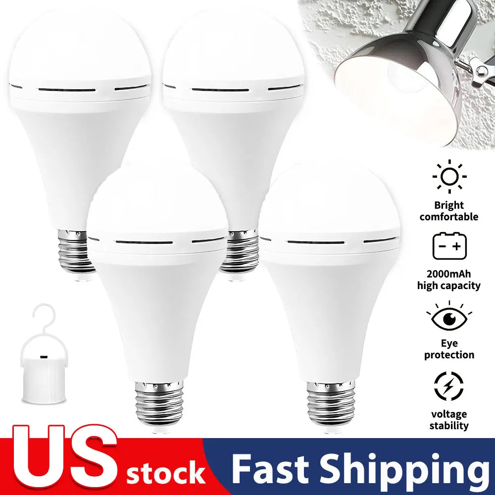 4pcs 12W Rechargeable Emergency LED Bulbs with Battery Backup – E27 Base, 6500K Cool White Light, 800mAh Lithium Polymer Battery