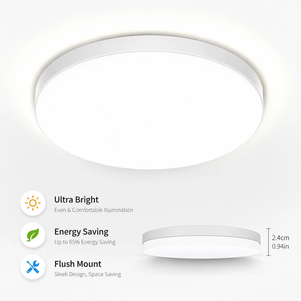 Ultra-thin Round LED Ceiling Lamp Waterproof Flush Mount Fixture 6500K Daylight Modern Home Lighting for Bedroom Kitchen Hallway