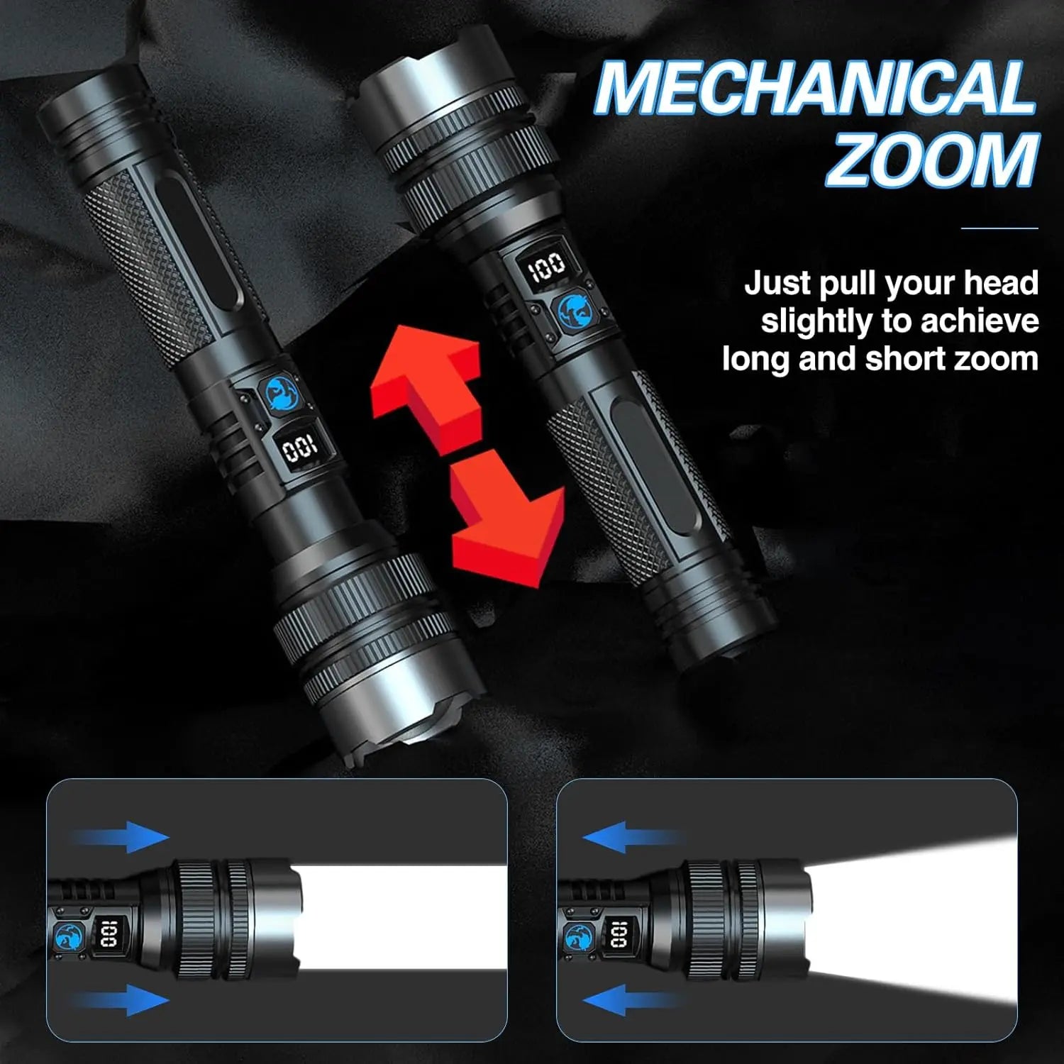 Super Bright LED Flashlight Rechargeable Zoomable Digital Display Tactical Light Waterproof Camping Outdoor Handheld Spotlight