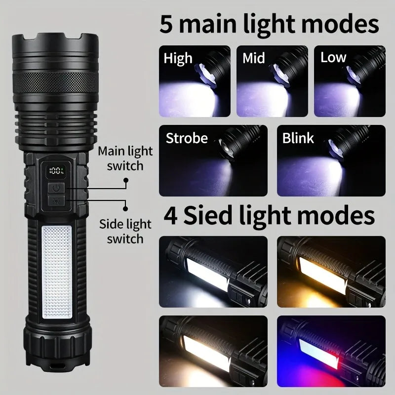 LED Flashlight Rechargeable Long-Beam Portable Outdoor Emergency Lighting With Long Battery Life, Suitable For Camping And Hiki