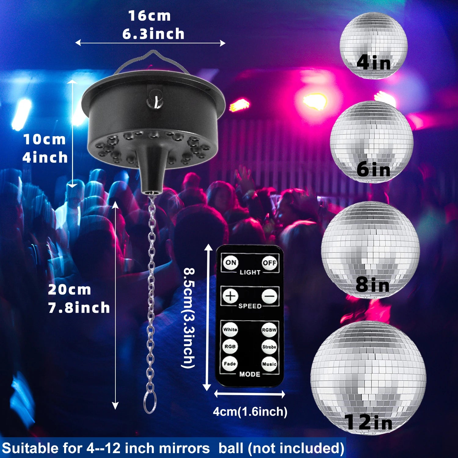 Mirrors Ball Motor with Remote, 5-10 RPM Disco Ball Adjustable Spinner with 23 RGBW LED Rotator with Multi Light Mode