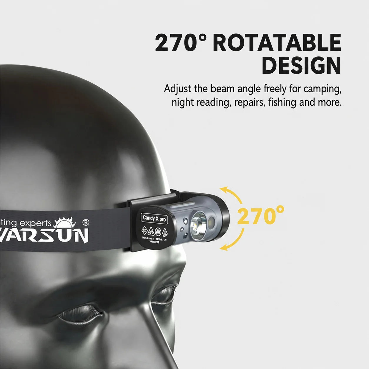 WARSUN Candy X Rechargeable Night Fishing Headlamp, Ultra-Bright Motion Sensor LED Headlight with Cap Clip and Headband
