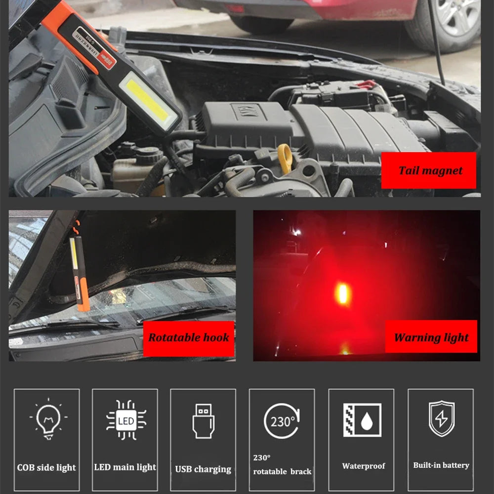 Powerful COB LED Work Light Car Garage Mechanic Lamp USB Rechargeable Flashlight Magnetic Torch Emergency Light Warning Light