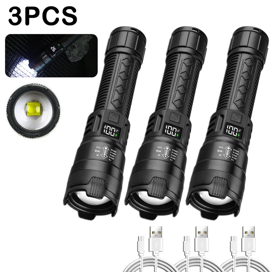 High Strong Power Led Flashlights 2000LM Tactical Torch with Display Light USB Charging Camping Fishing Emergency Zoom Lantern