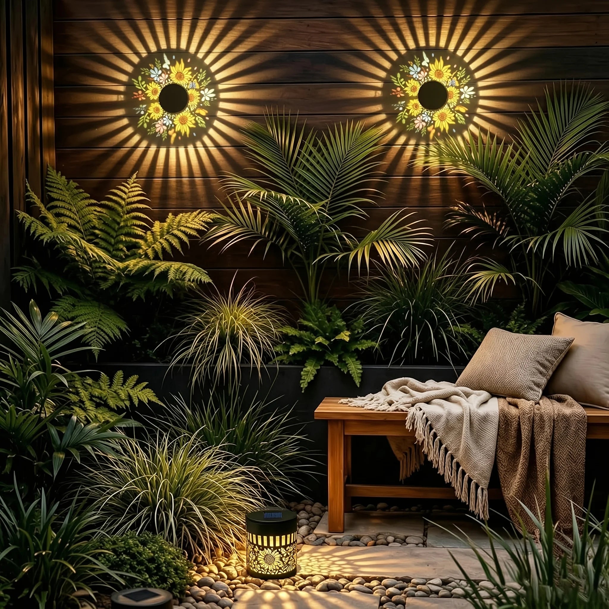 2 Pack Solar Fence Lights, Metal Solar Outdoor Deck/Step Wall Lights, Christmas Decorative Lights, Painted Sunflower Lanterns, Suitable for Garden Columns, Patios, Backyards And Courtyards, Fairy Tale Garden Decorative Light