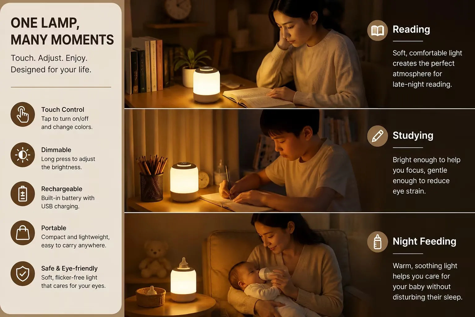 Rechargeable Touch LED Night Light, 3 Color Stepless Dimmable Bedside Lamp, Portable Table Lamp for Bedroom Nursery