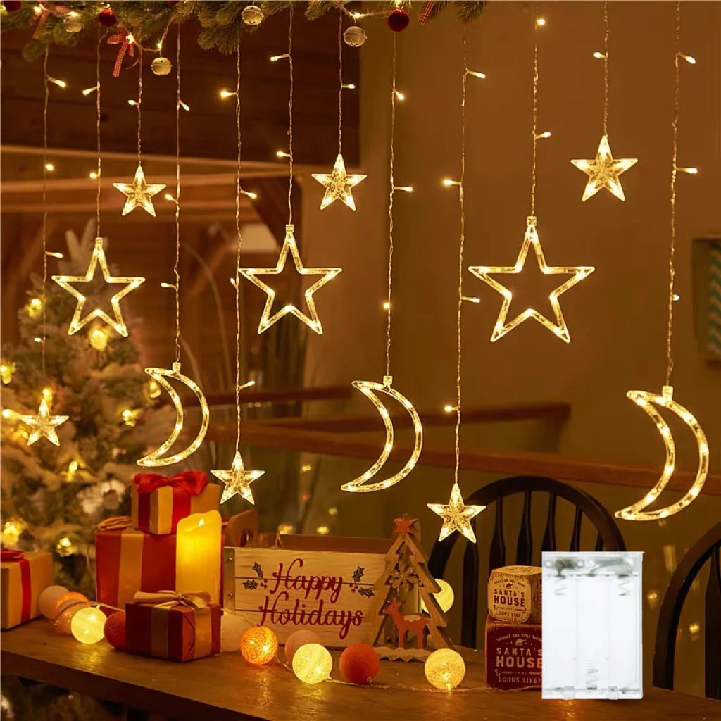 Star Moon String Light Battery Power Christmas Garland Fairy Lamp 3.5m LED Curtain Light for Garden Wedding Party Festival Decor
