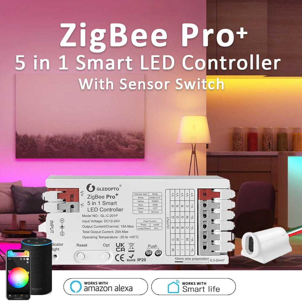 GLEDOPTO ZigBee 5 in 1 LED Controller 20A Max RGBCCT RGBW RGB CCT DIM Smart Life APP Alexa Voice Control with IR Sensor Switch