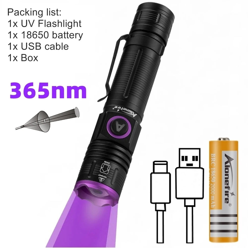 365/395nm Zoom UV Flashlight USB Rechargeable Ultraviolet Adhesive Curing Torch Cat Dog Pets Urine Tinea Marker Money Ore Light