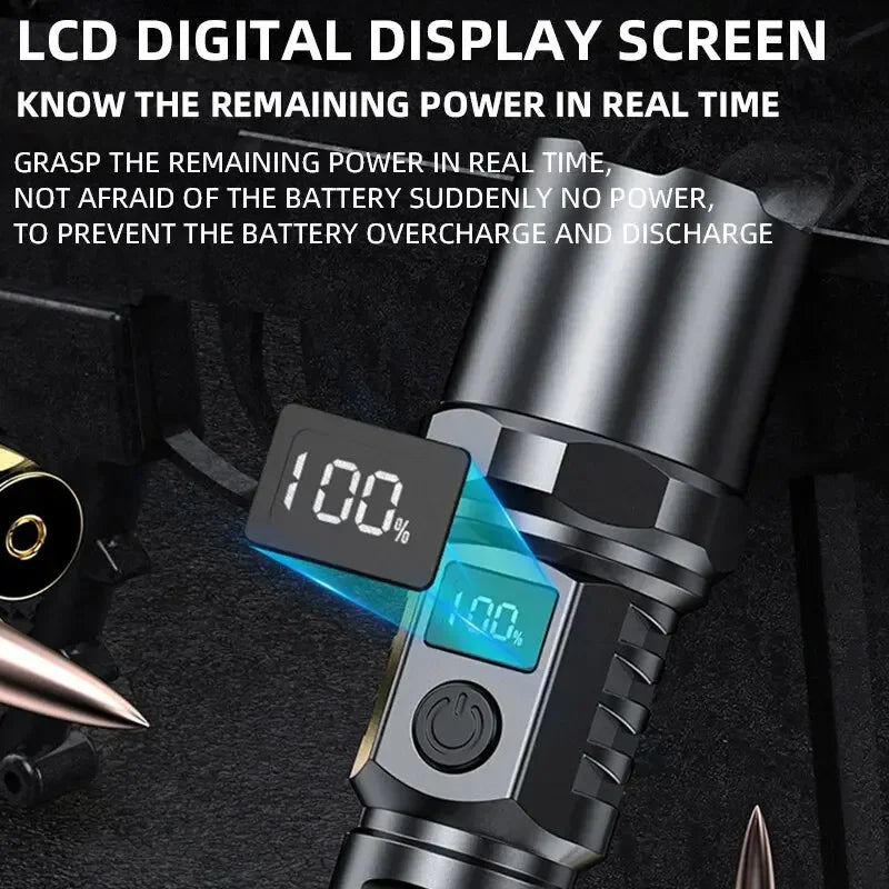 10000LM High Power LED Flashlight Long-range USB C Rechargeable Flashlight Power Display Zoom Lantern For Outdoor Camping Torch