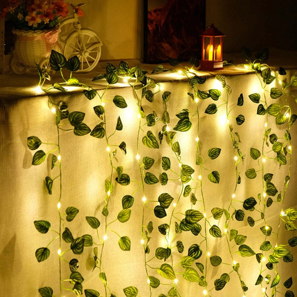 10M/5M/2M Green Leaf Fake Plants String Light Battery Powered Waterproof String Light For Wall House Room Office Birthday Decor