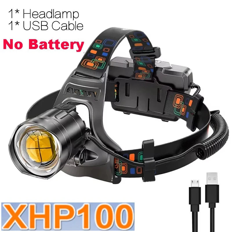 Powerful XHP100 Led Headlamp Zoomable USB Rechargeable High Power Headlight Waterproof Output 18650 Super Bright Head Torch