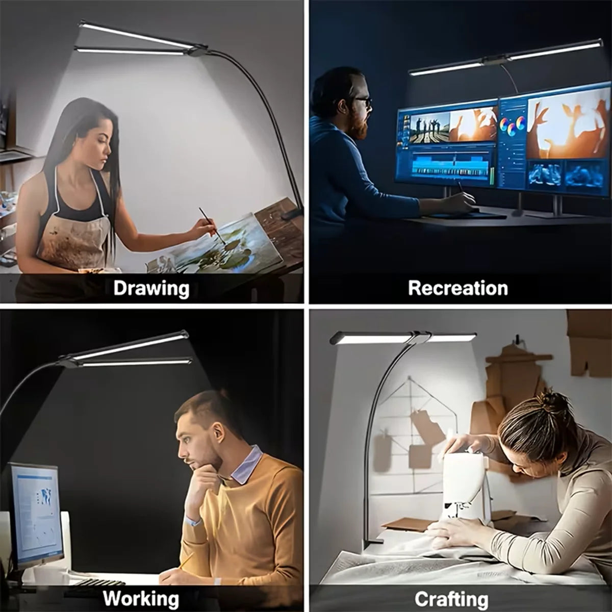 Double Head Desk Lamp LED Clip-on 3 Modes Brightness Adjustable 3000K-6000K USB Adapter Computer Screen Light 180 Degree Foldable for Reading Studying Office