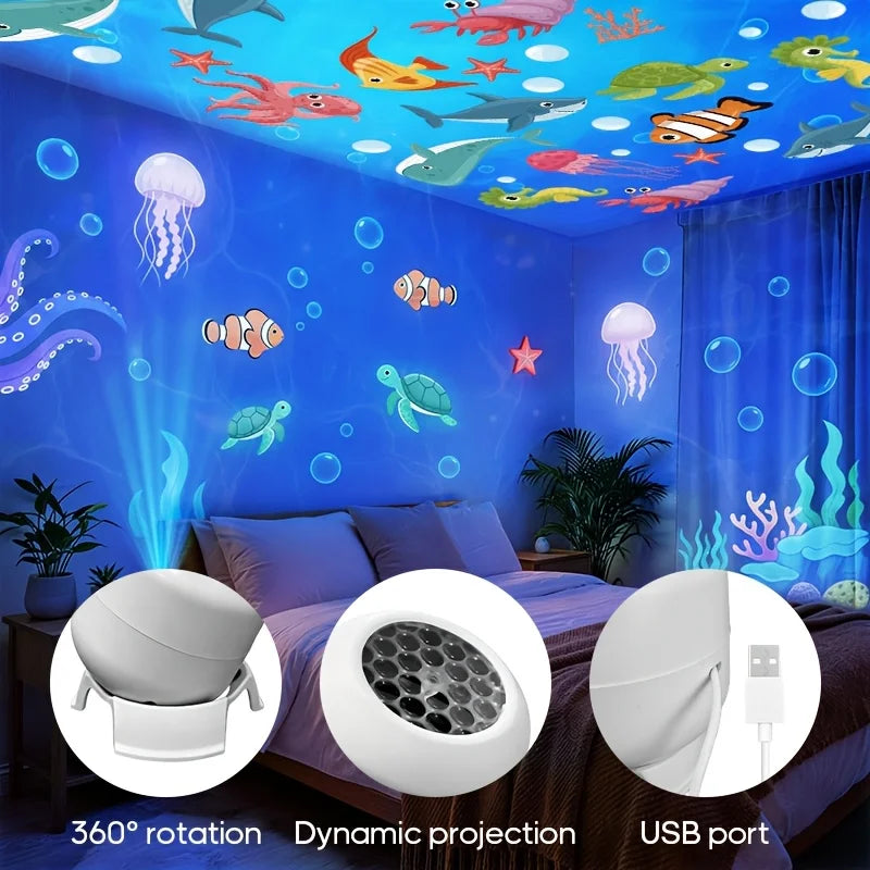 LED Night Light Starry Ocean Projection Light 360°Rotating Decorative Light Marine Life Theme Dynamic Ambient Lamp Room Decora