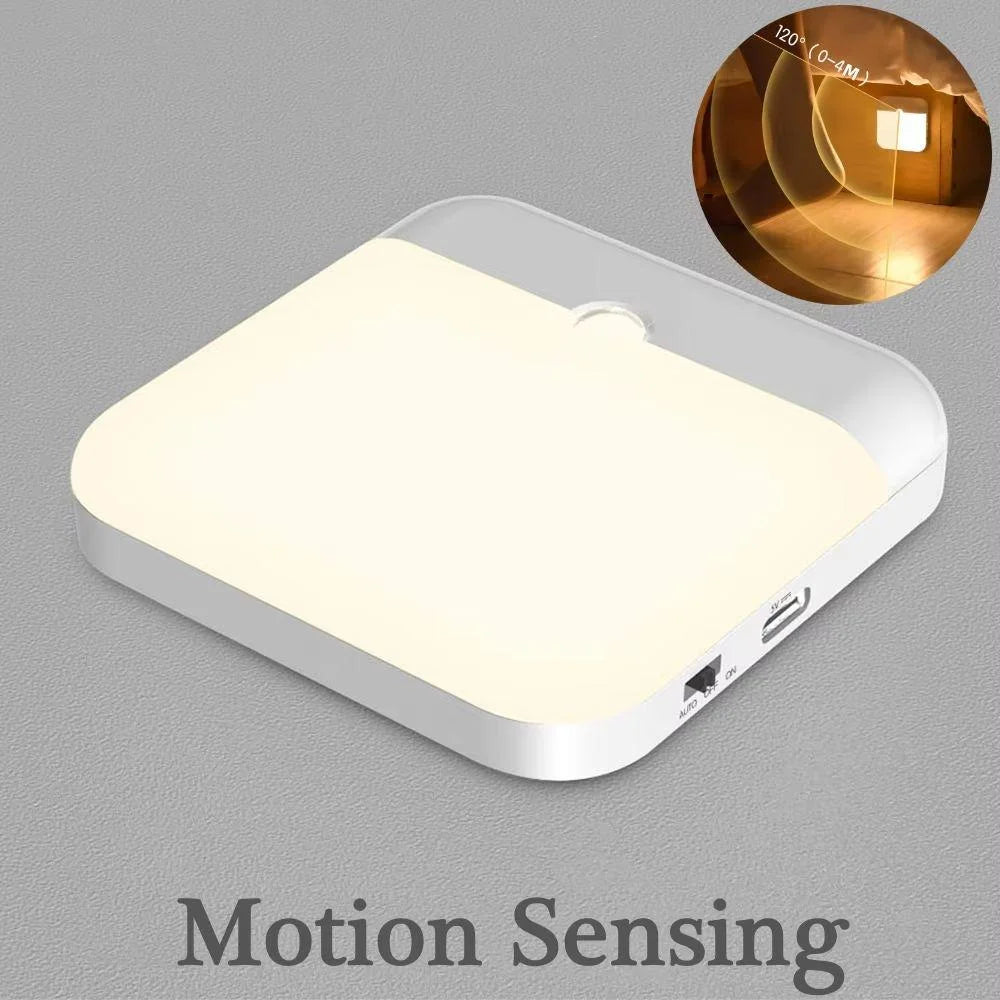 LED Motion Sensor Night Light, Square USB Rechargeable Cabinet Lamp, for Bedroom Kitchen Staircase Hallway Wardrobe