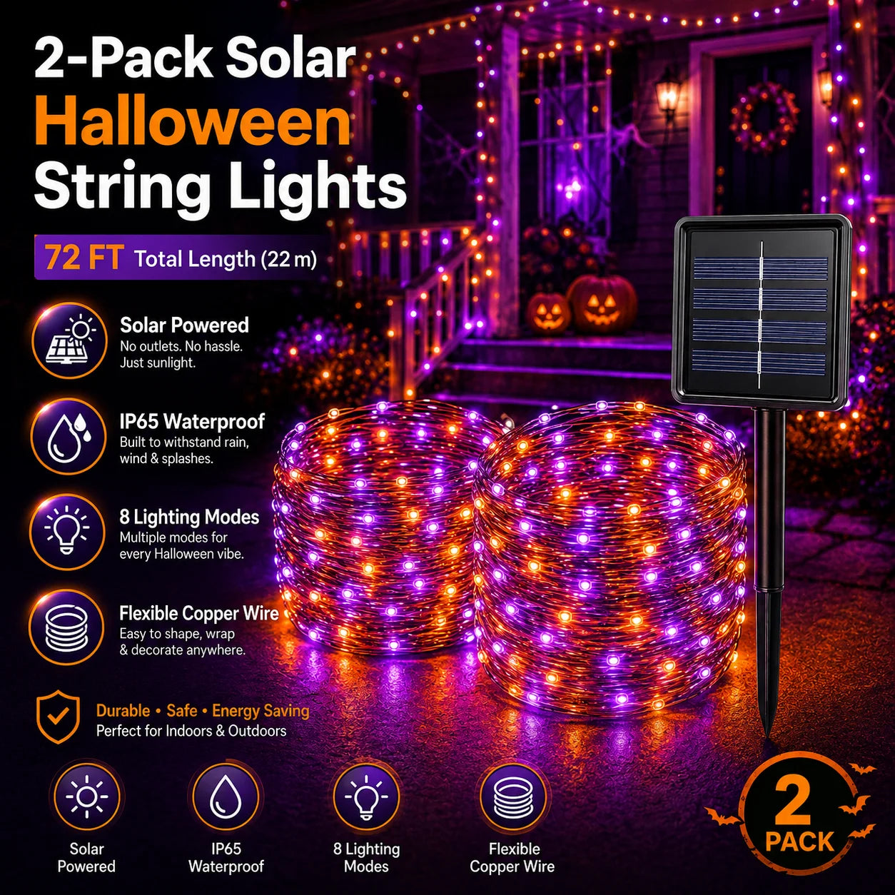 2 Pack Halloween Solar Powered String Lights Outdoor, 72FT 200 LED Solar Powered Decor with 8 Modes of Lighting, Purple and Orange Glow, IP65 Waterproof Design for Outdoor Garden Decor.