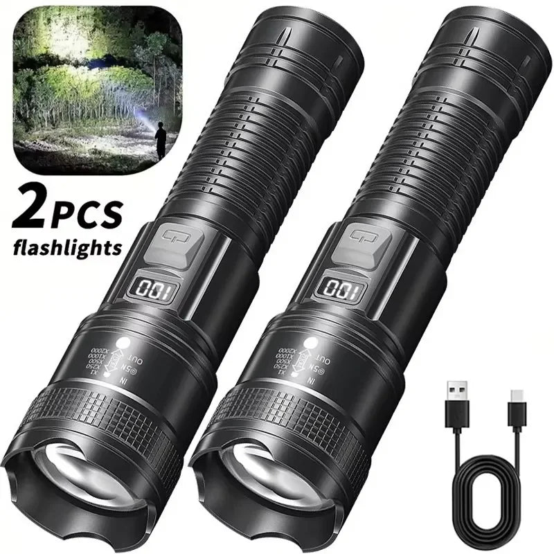 Powerful LED Flashlight with Battery Display USB Rechargeable Light Telescopic Zoom Torch Lamp Outdoor Camping Fishing Lantern