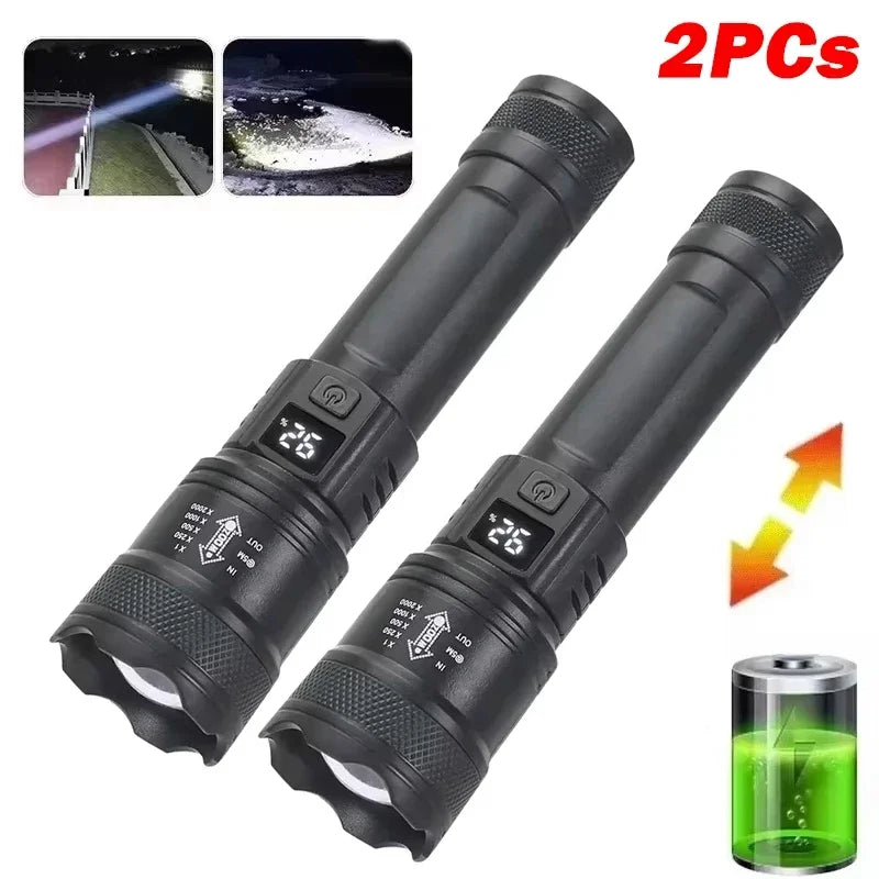 Powerful LED Flashlight with Battery Display USB Rechargeable Light Telescopic Zoom Torch Lamp Outdoor Camping Fishing Lantern