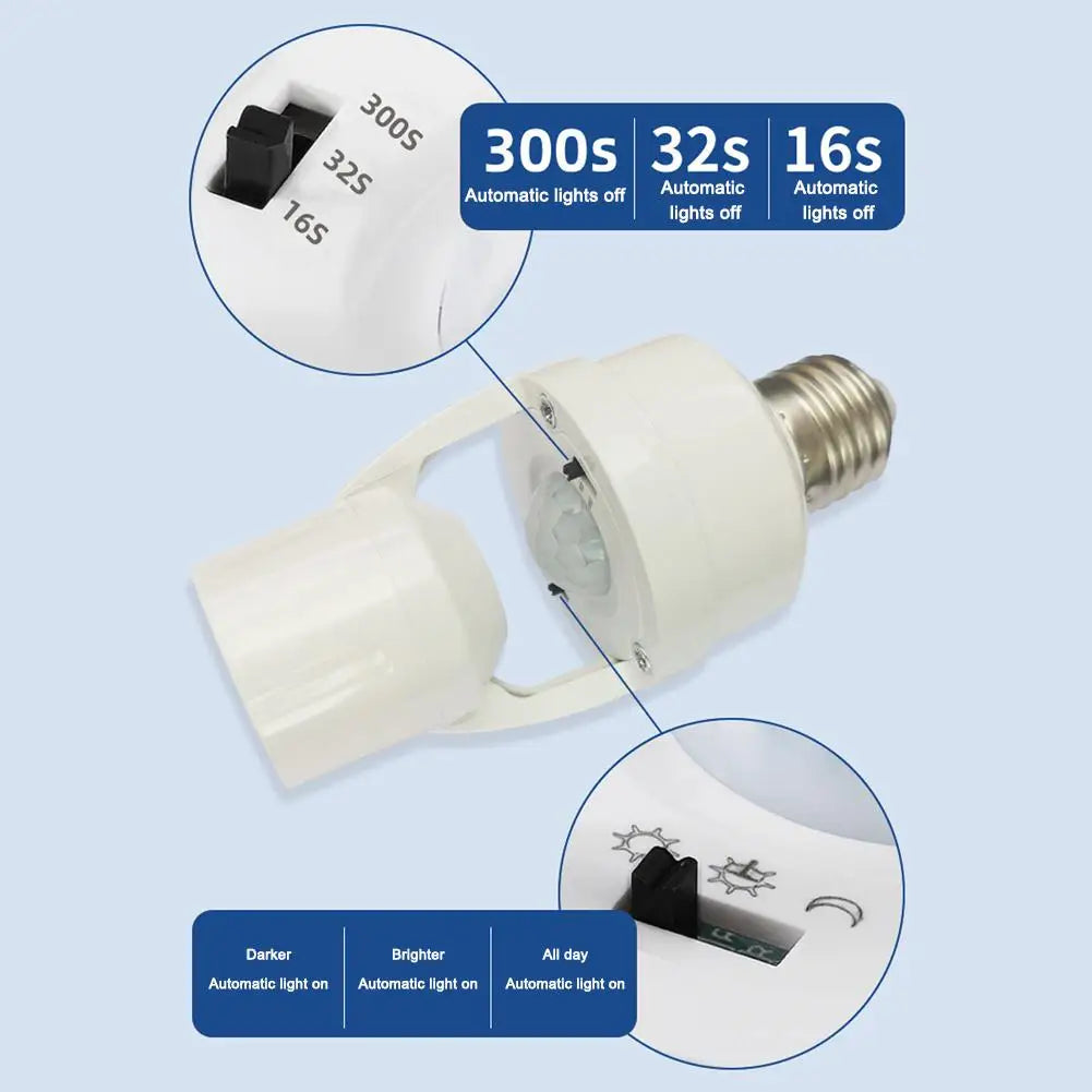 Motion Sensor Light Socket E26 Screw Bulb Adapter Adjustable Auto On/Off Night Light Control For Basement Storage Room Garage