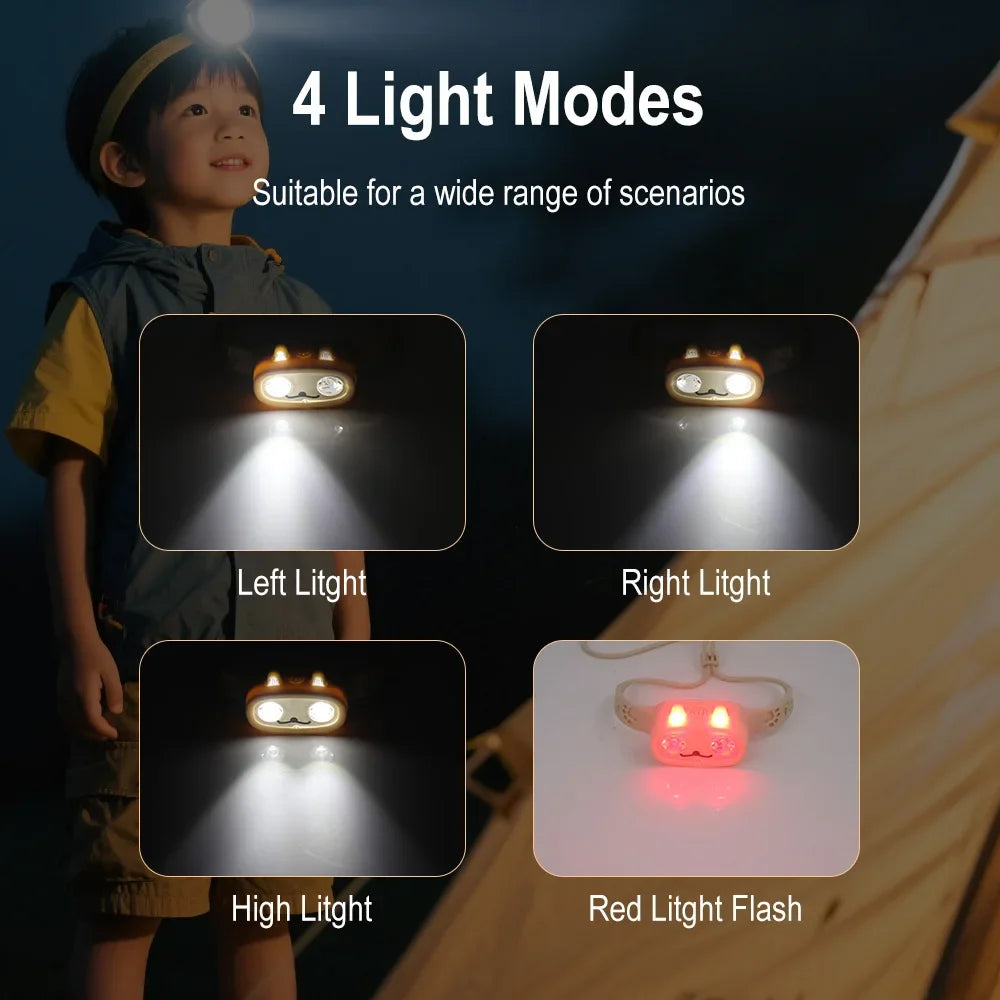 BORUiT Kids LED Headlamp Rechargeable Built-in Battery Flashlight 4 Lighting Modes Outdoor Camping Head Torch for Kids Gift