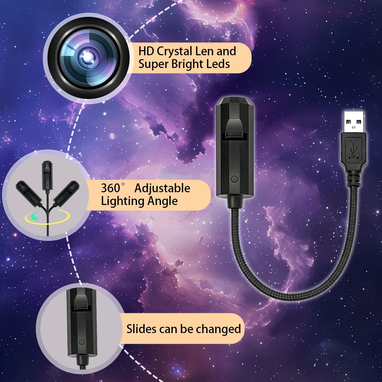 Seven Themed Projection Lights, Including Planet/Crescent Moon Patterns, for Use as Ambient Ceiling Lights.